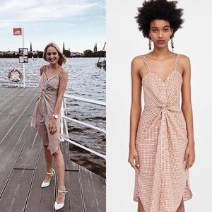 NEW Zara Gingham Orange White Front Twist Dress